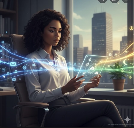 En profesjonell kvinne i et moderne kontormiljø som håndterer digitale kommunikasjonsstrømmer, illustrerer behovet for balanse og frakobling.