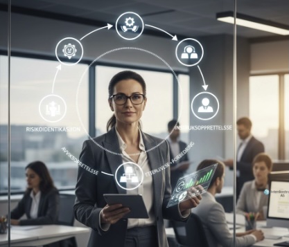 Internkontrollør En profesjonell kvinne i moderne kontormiljø som holder et nettbrett. Rundt henne svever et lysende, digitalt diagram som illustrerer sirkelen for virksomhetsstyring: Risikoidentifikasjon, avviksopprettelse, instruks-opprettelse og kontinuerlig forbedring. Bildet symboliserer kontroll, oversikt og moderne etterlevelseskultur.