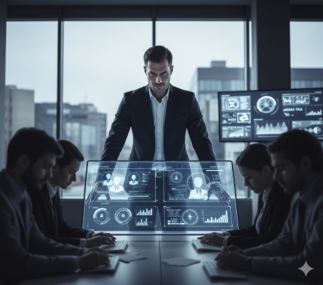 Illustrasjon som viser skjæringspunktet mellom teknologisk overvåking og juridisk tilsynsplikt på arbeidsplassen. Figuren visualiserer balansen mellom arbeidsgivers styringsrett etter aksjeloven og arbeidstakerens krav på personvern og integritet i et moderne arbeidsmiljø.