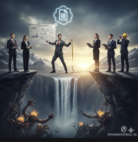 Illustrasjon av risikovurdering og virksomhetsstyring: Eksperter vurderer risiko ved kryssing av juv ved hjelp av IS-instrukser.