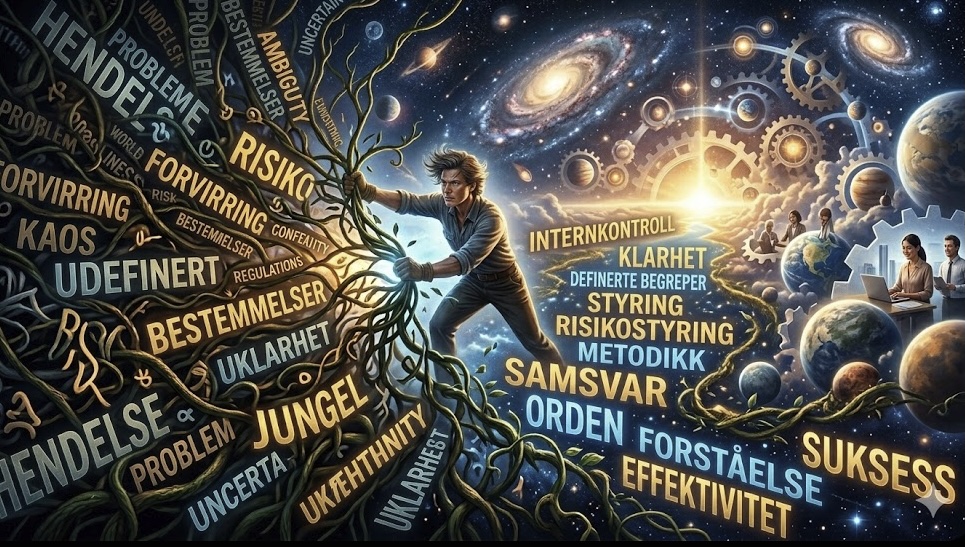 Illustrasjon av en person som systematisk rydder og strukturerer forvirrende begreper som 'avvik', 'incident', 'instruks' og 'rutine', for å skape orden og tydelig begrepsforståelse for internkontroll."