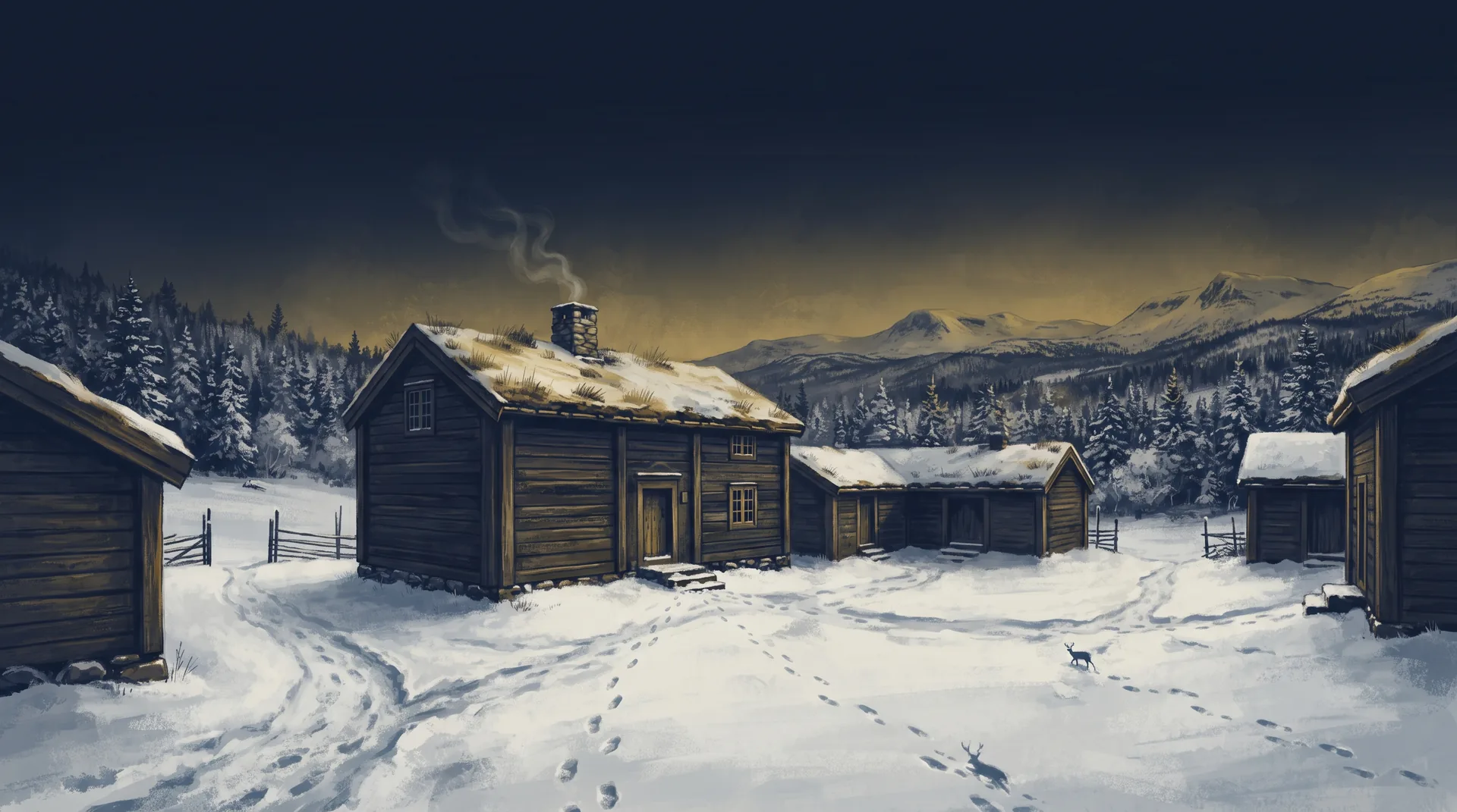 Gammel norsk gård i snø – slektshistorier om gårdene og menneskene